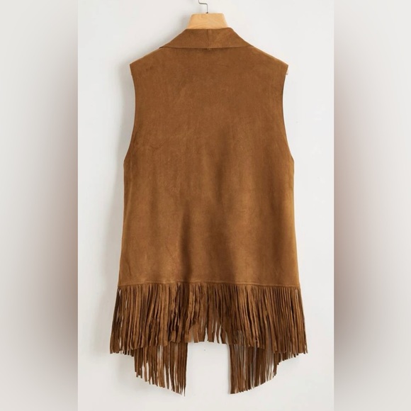 SHEIN Fringe Trim Open Front Vest - Camel - Picture 4 of 4